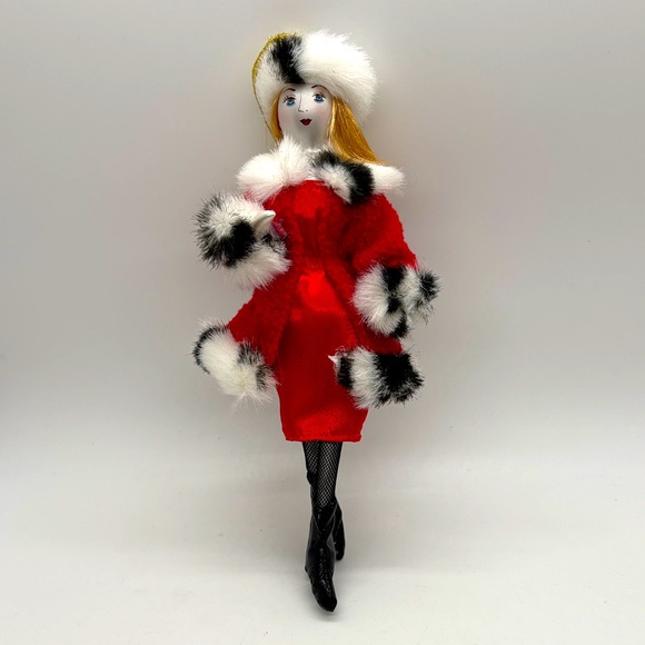 Ladies with Elegance Collection Red Fur  Blonde Christmas Ornament - Picture 1 of 3